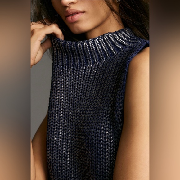 NEW Pilcro Anthropologie Oversized Foil Sweater vest Navy Sleeveless Knit Top - Picture 2 of 6